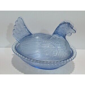 Vintage Indiana Glass Light Blue Hen on Nest Chicken Glass Covered Dish 7" Art